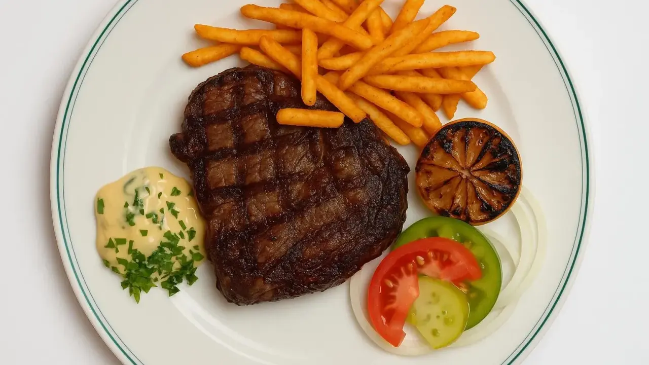 En saftig biff med pommes frites, bearnaisesås och grönsaker, en klassisk rätt från Brasserie Astoria.