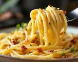 En gaffel lyfter en portion krämig spaghetti carbonara, perfekt för ditt nästa pasta recept.