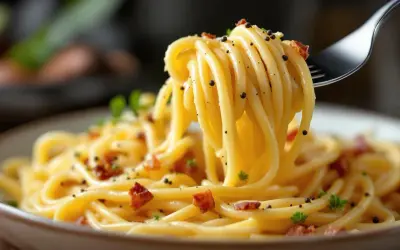 En gaffel lyfter en portion krämig spaghetti carbonara, perfekt för ditt nästa pasta recept.