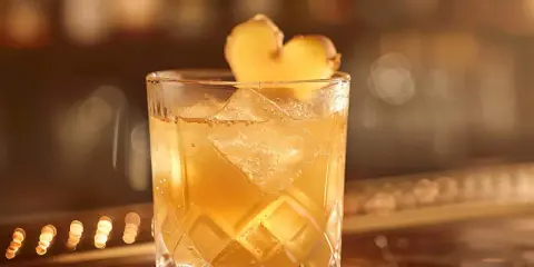 Ett glas med is och en gyllene ginger ale, garnerad med en ingefärskärna.