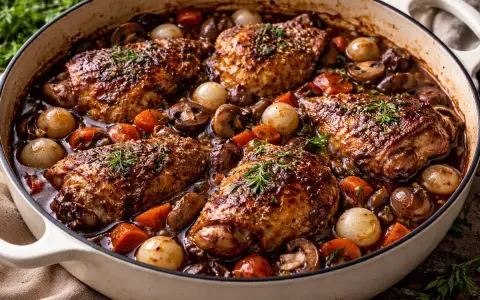 En mustig coq au vin i en gjutjärnsgryta, med saftiga kycklingdelar, champinjoner, små lökar och morötter i en mörk sås.
