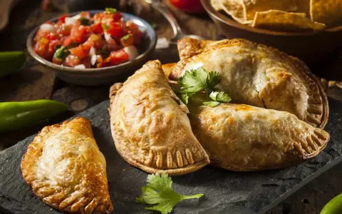 Gyllene argentinska empanadas recept på en svart stenplatta, serverade med färsk salsa och tortillachips.