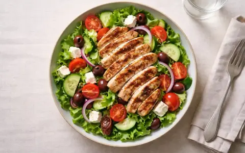 En fräsch sallad med grillat kyckling innanlår, tomater, gurka, oliver och fetaost.