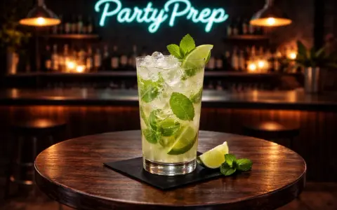 En uppfriskande mojito med vit rom, mynta och lime på ett runt träbord. Bakom skymtar en bar med neonskylten "Party Prep".