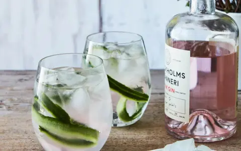 Två glas med rabarber gin & tonic, is och gurka. Bredvid står en flaska rosa gin.