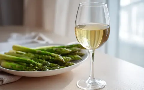 En tallrik med färsk grön sparris bredvid ett glas vitt vin. Perfekt kombination för en lätt och fräsch måltid.