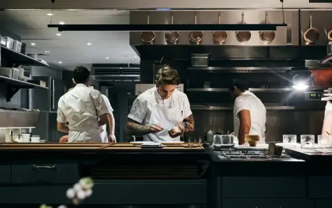 Chefs in a professional kitchen, one plating food.