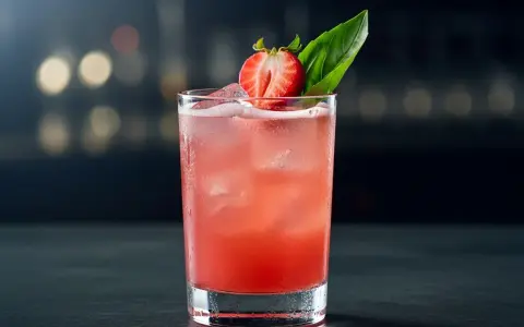 En uppfriskande strawberry basil smash med is, garnerad med en jordgubbsklyfta och basilika.