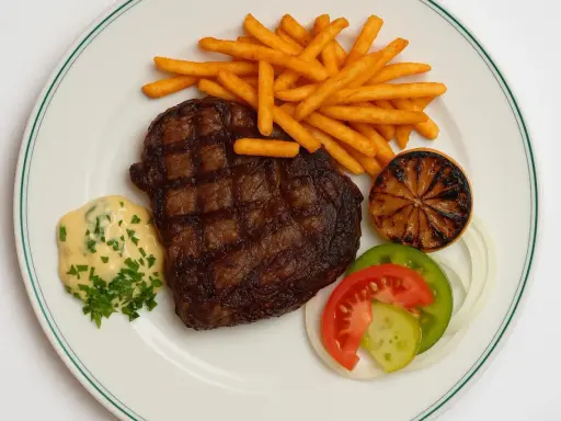 En saftig biff med pommes frites, bearnaisesås och grönsaker, en klassisk rätt från Brasserie Astoria.