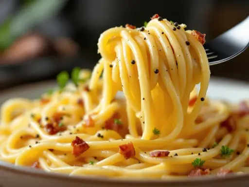 En gaffel lyfter en portion krämig spaghetti carbonara, perfekt för ditt nästa pasta recept.