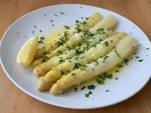 Vit sparris recept: Sparris med smält smör, persilja och en citronklyfta. Enkel och god rätt.