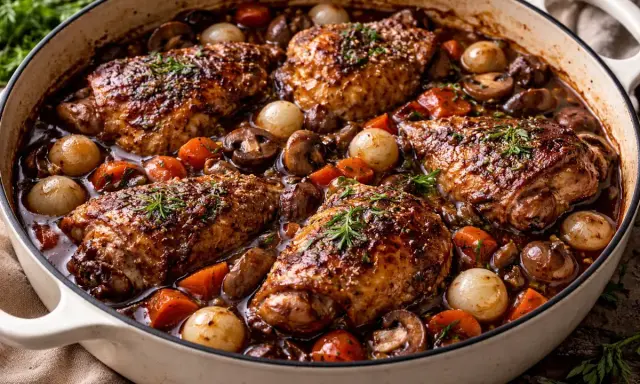 En mustig coq au vin i en gjutjärnsgryta, med saftiga kycklingdelar, champinjoner, små lökar och morötter i en mörk sås.