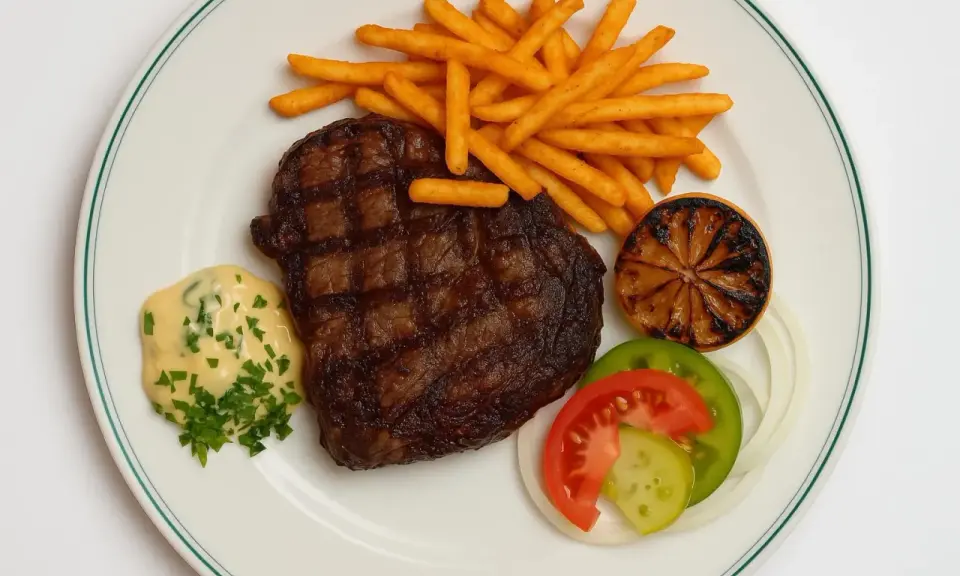 En saftig biff med pommes frites, bearnaisesås och grönsaker, en klassisk rätt från Brasserie Astoria.