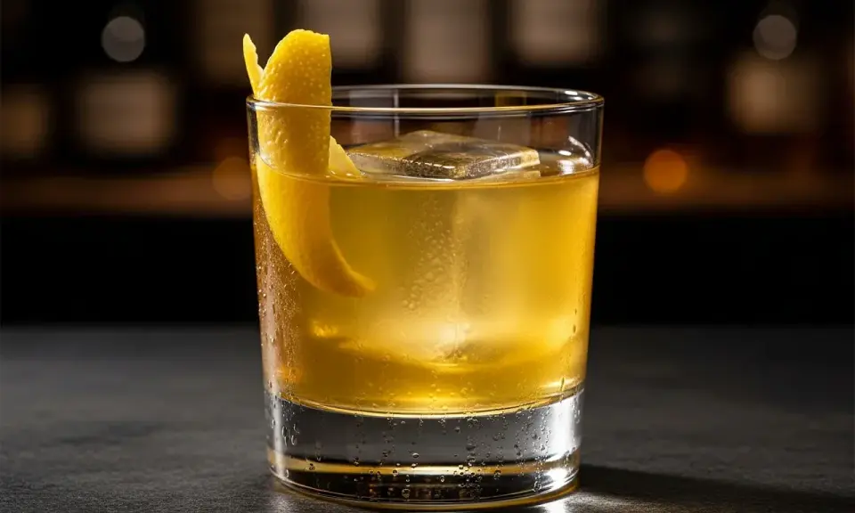 En gyllene drink med is och citronskal, en riktig "gold rush drink" som väntar på att avnjutas.