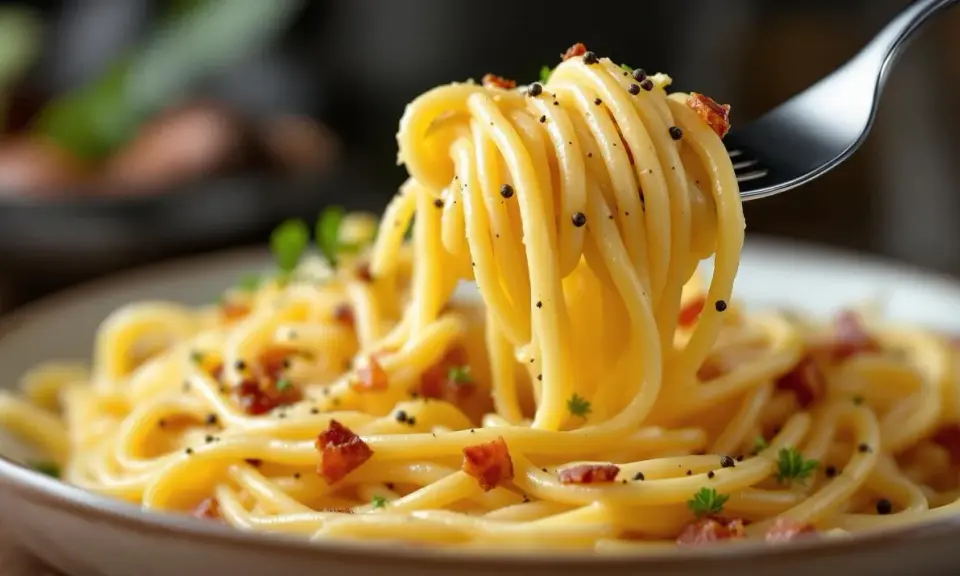 En gaffel lyfter en portion krämig spaghetti carbonara, perfekt för ditt nästa pasta recept.