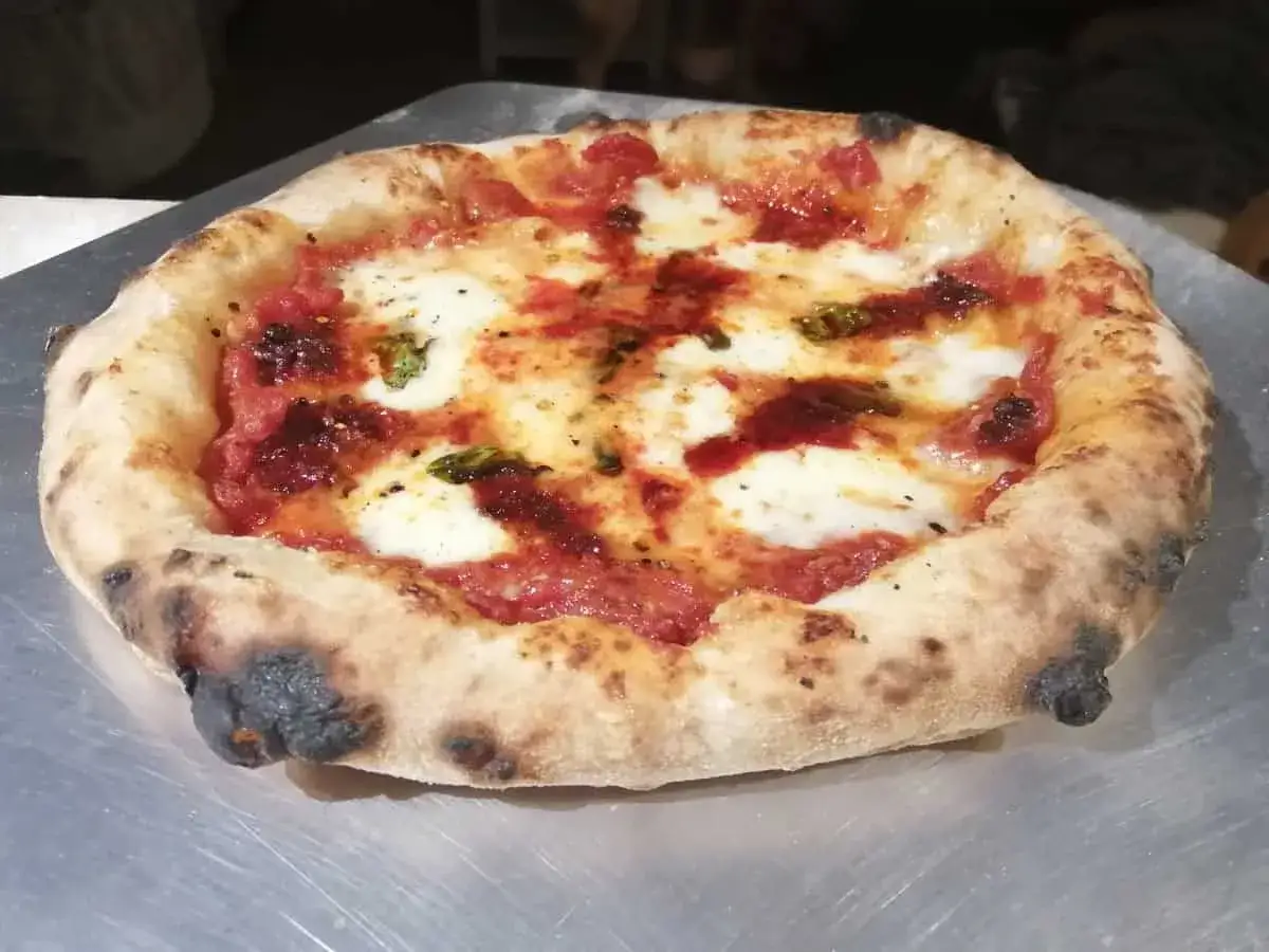 En napolitansk pizza med klassisk napolitansk pizza topping av tomatsås, mozzarella och basilika.