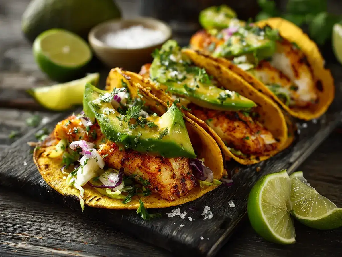 Fisk-tacos med avokado, lime och koriander p&aring; en tr&auml;bricka. En h&auml;rlig m&aring;ltid!