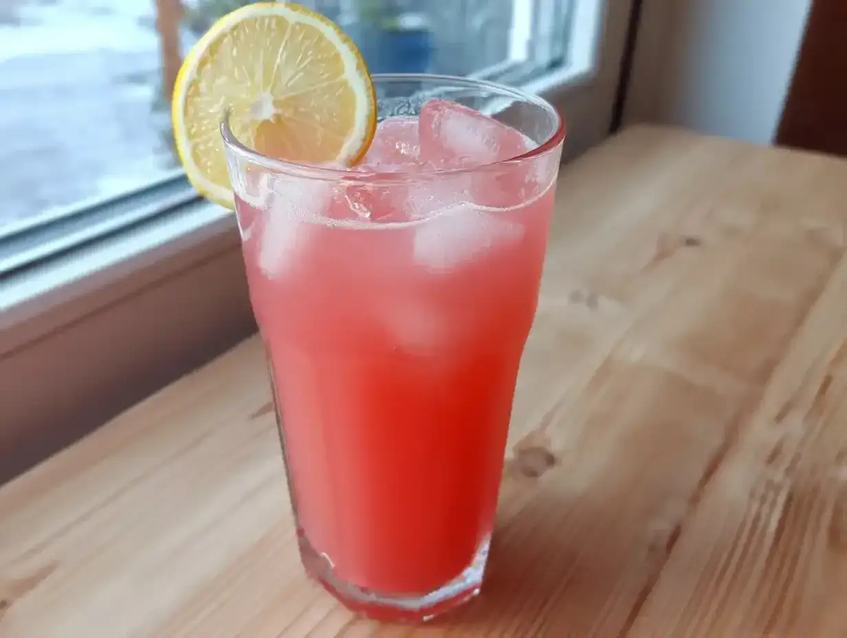 Ett glas med is och en citronskiva, fyllt med rosa rabarbersaft. Perfekt f&ouml;r en solig dag.