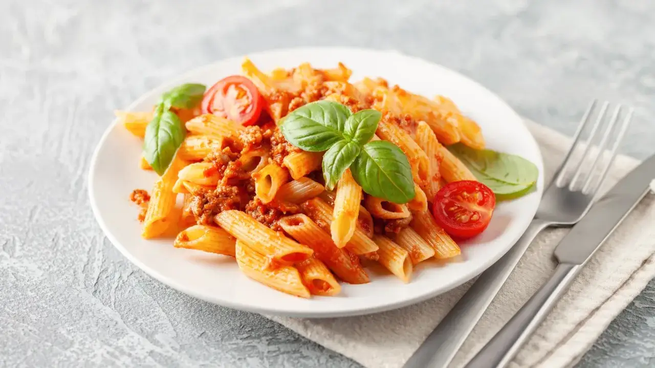 En tallrik med penne pasta i köttfärssås, garnerad med färsk basilika och körsbärstomater. Ett perfekt pasta recept för en god middag.