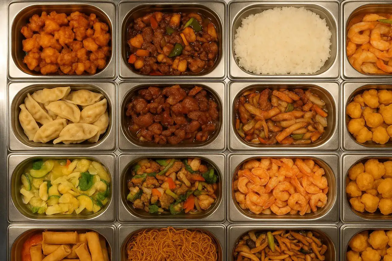 Buff&eacute; med asiatisk mat: friterad kyckling, dumplings, r&auml;kor, ris och gr&ouml;nsaker. Perfekt f&ouml;r en snabb lunch eller middag. L&auml;s g&auml;rna v&aring;ra holiday restaurang & bar recensioner f&ouml;r tips!
