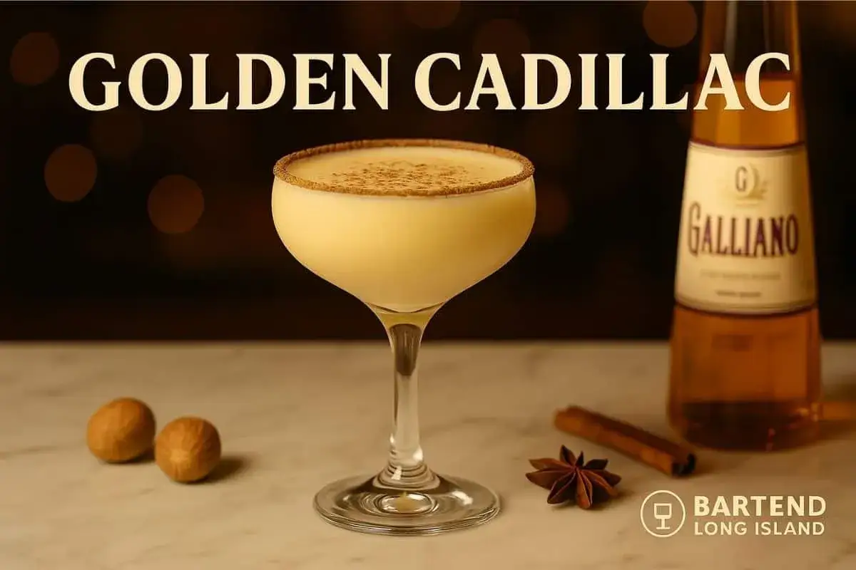 En krämig Golden Cadillac-drink med Galliano, garnerad med kanel och stjärnanis.