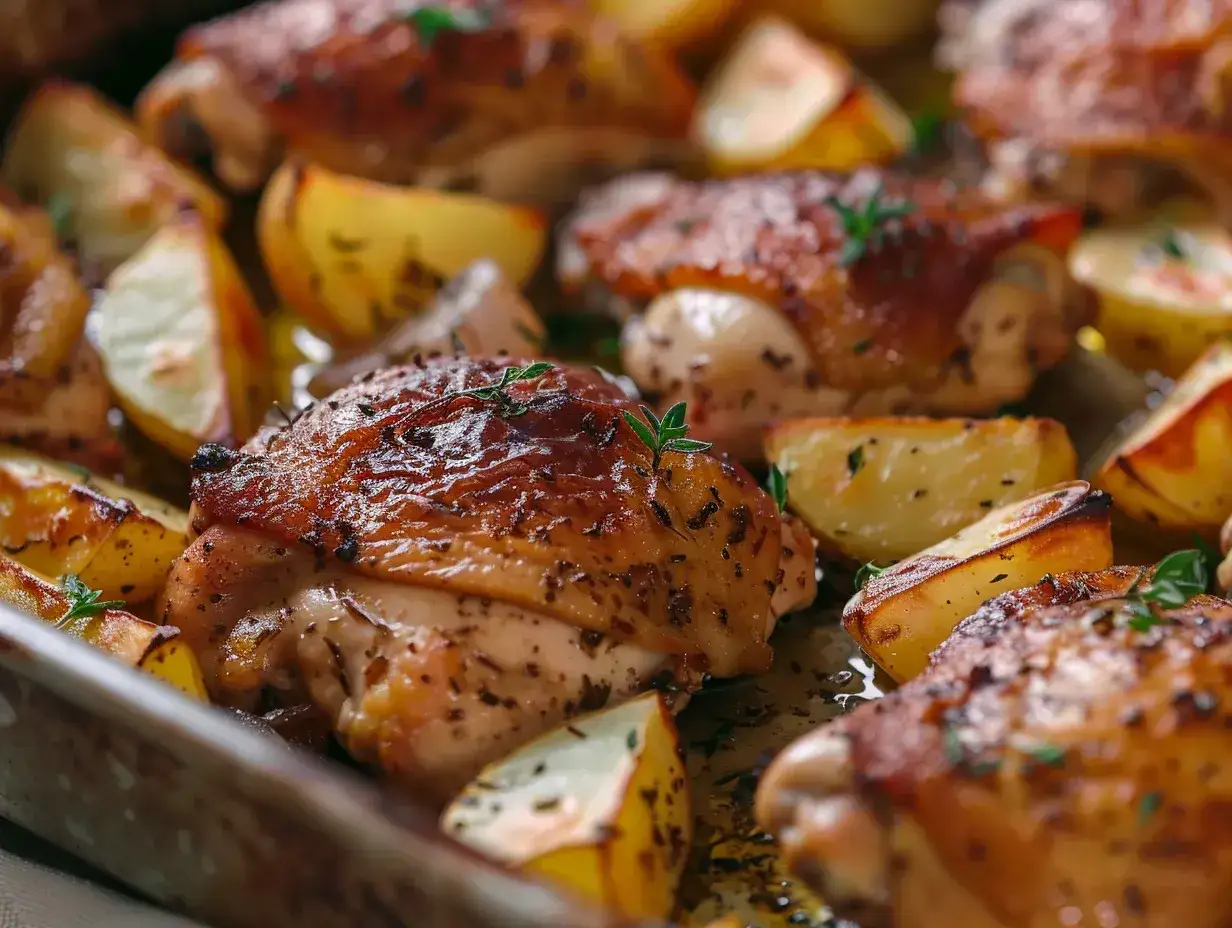 Ugnsbakad kycklingfil&eacute; med klyftpotatis, perfekt tillagad med gyllene skinn och &ouml;rter.