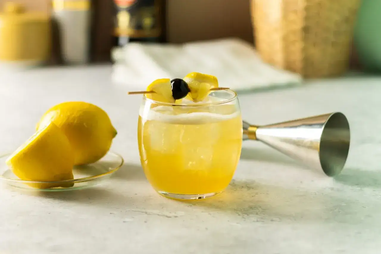 En gyllene rom sour med citron och k&ouml;rsb&auml;r, redo att avnjutas.