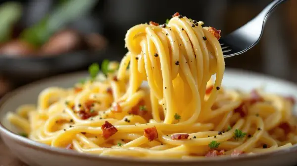 En gaffel lyfter en portion krämig spaghetti carbonara, perfekt för ditt nästa pasta recept.