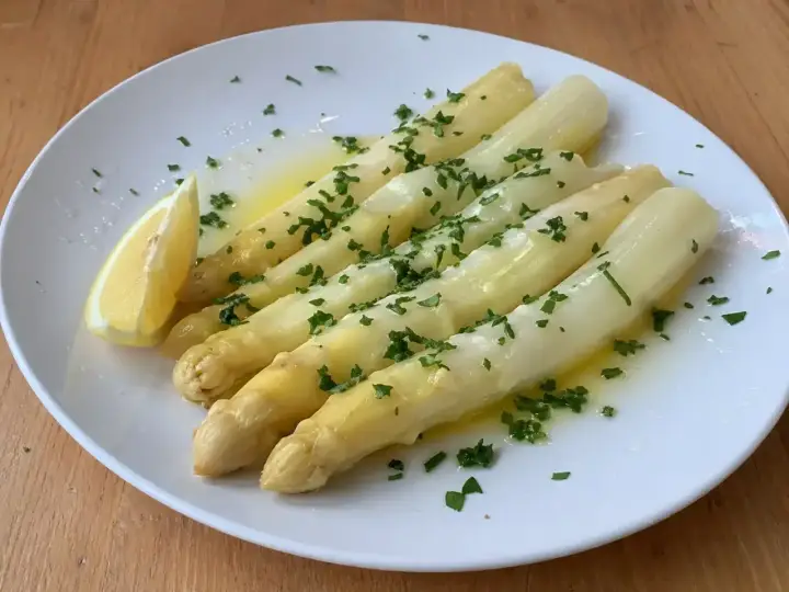 Vit sparris recept: Sparris med smält smör, persilja och en citronklyfta. Enkel och god rätt.